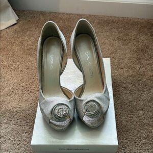 Caparros Silver Sparkle Peep-Toe Heels with Rosette Accent